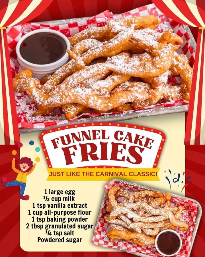 Crispy Funnel Cake Fries dusted with powdered sugar on a plate