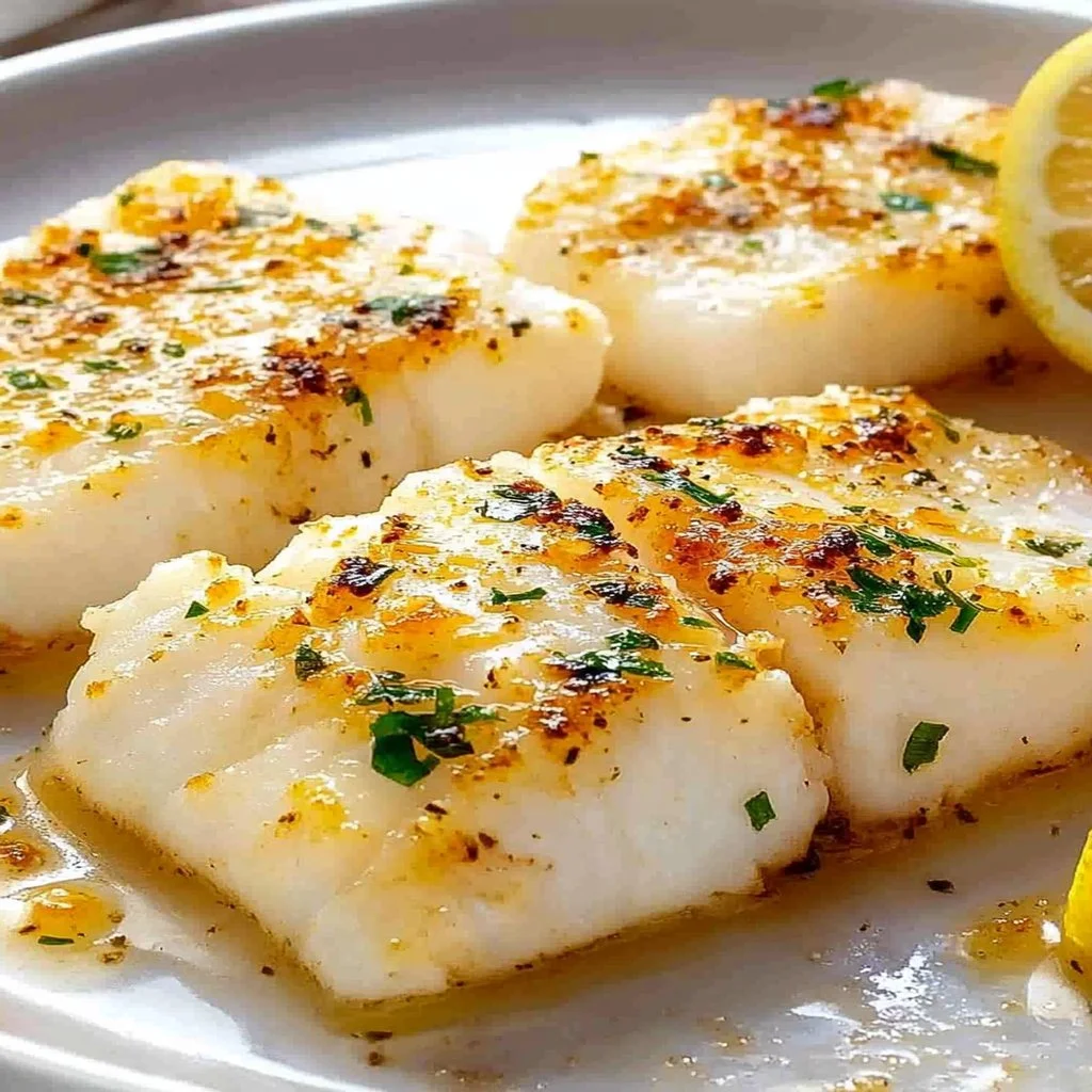 Garlic butter baked cod served with lemon and herbs on a plate