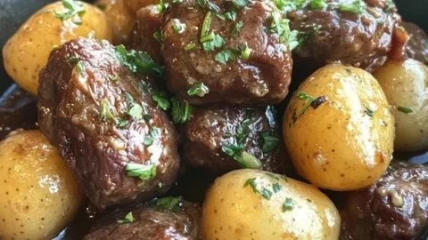 Plate of delicious Garlic Butter Beef Bites garnished with fresh herbs