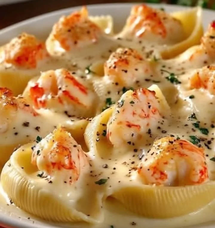 Delicious Garlic Butter Lobster Stuffed Shells on a plate