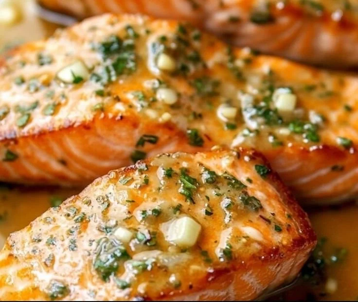 Garlic Butter Salmon garnished with herbs on a plate