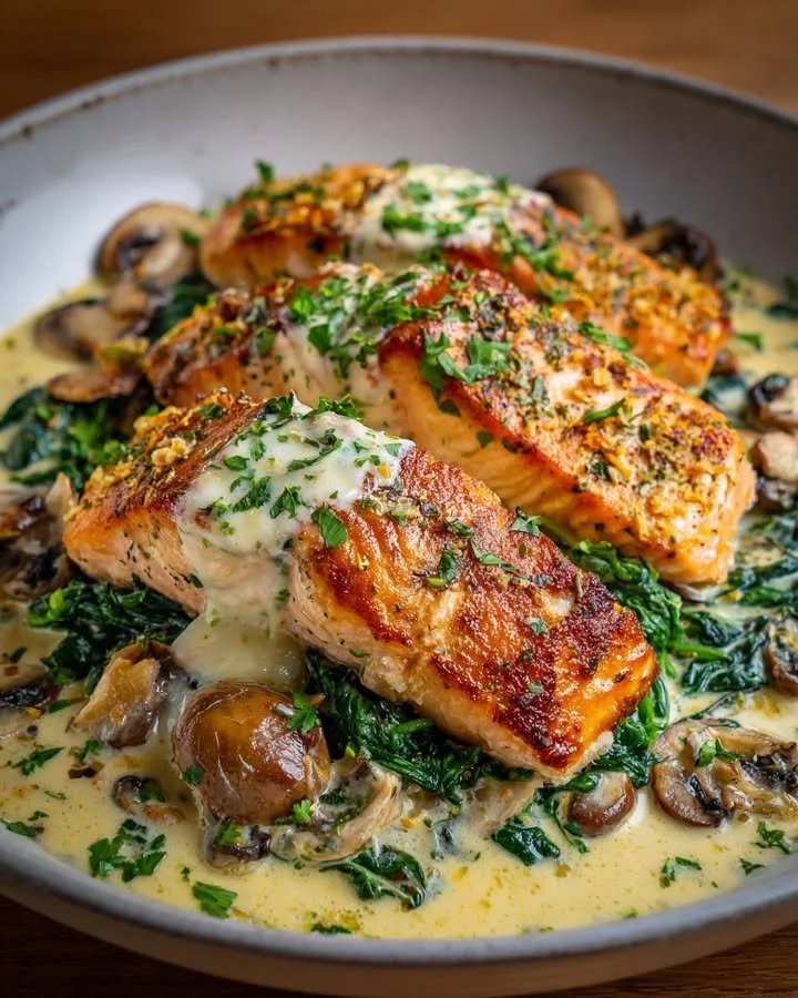 Garlic Butter Salmon with Spinach and Mushrooms in a Creamy Sauce