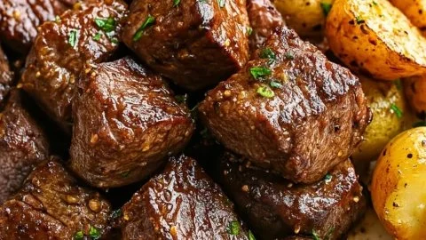 Delicious Garlic Butter Steak Bites served with crispy golden potatoes.