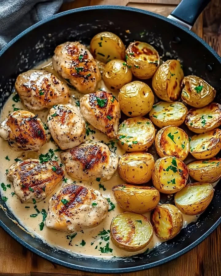 Delicious garlic butter steak bites served with roasted potatoes on a plate