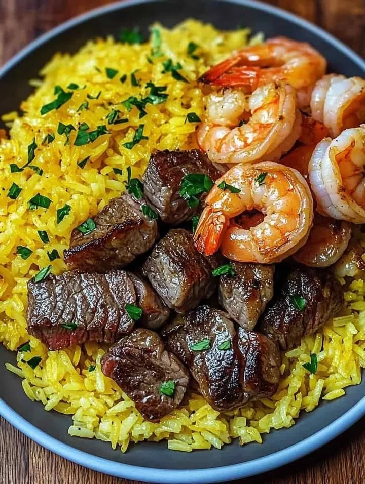 Delicious Garlic Butter Steak with Shrimp and Saffron Rice on a plate