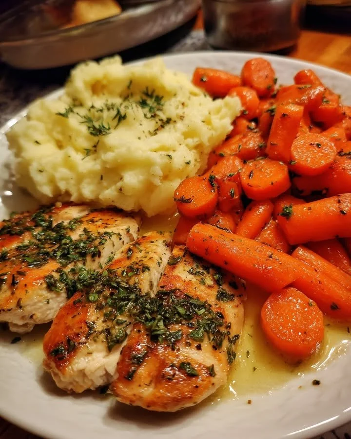 Delicious Garlic Herb Chicken with creamy mashed potatoes and glazed carrots.