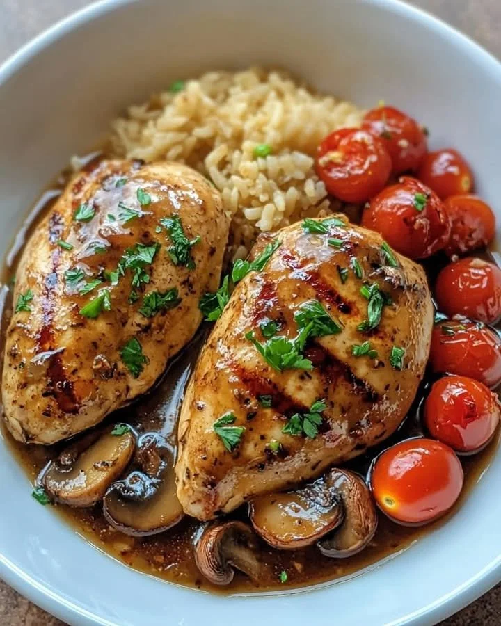 Delicious Garlic Herb Chicken served with rice, mushrooms and tomatoes.