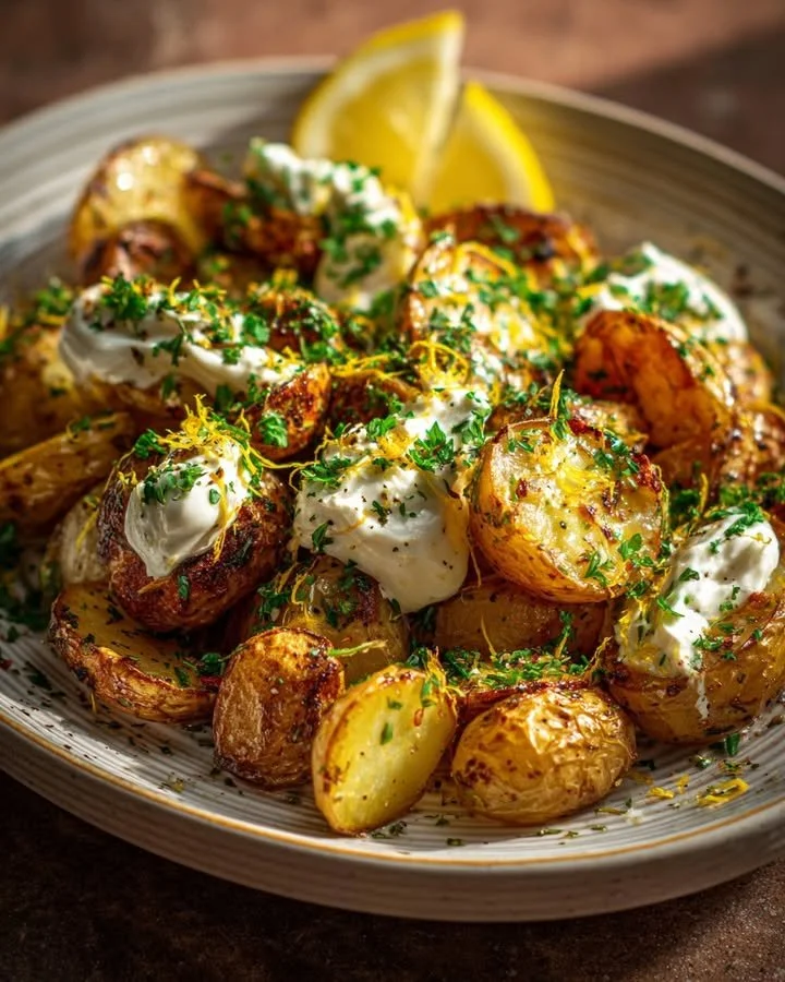 Garlic and herb roasted potatoes with whipped feta and lemon zest on a plate.