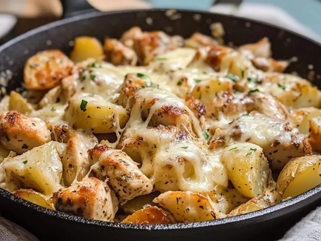 Garlic Parmesan Chicken and Potatoes Skillet served in a cast iron pan