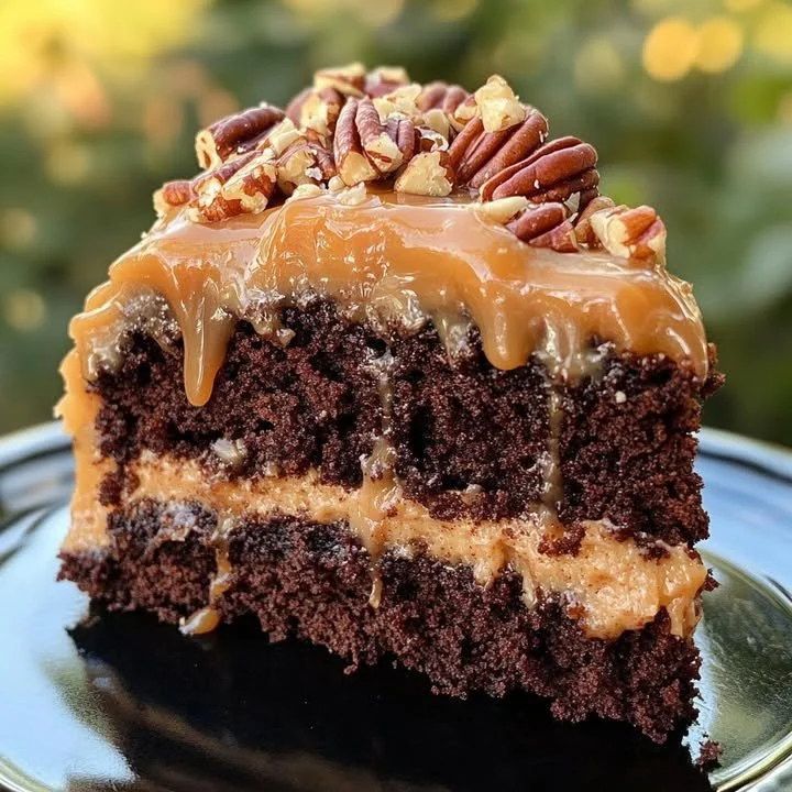 Delicious German Chocolate Cake topped with a luscious caramel drizzle