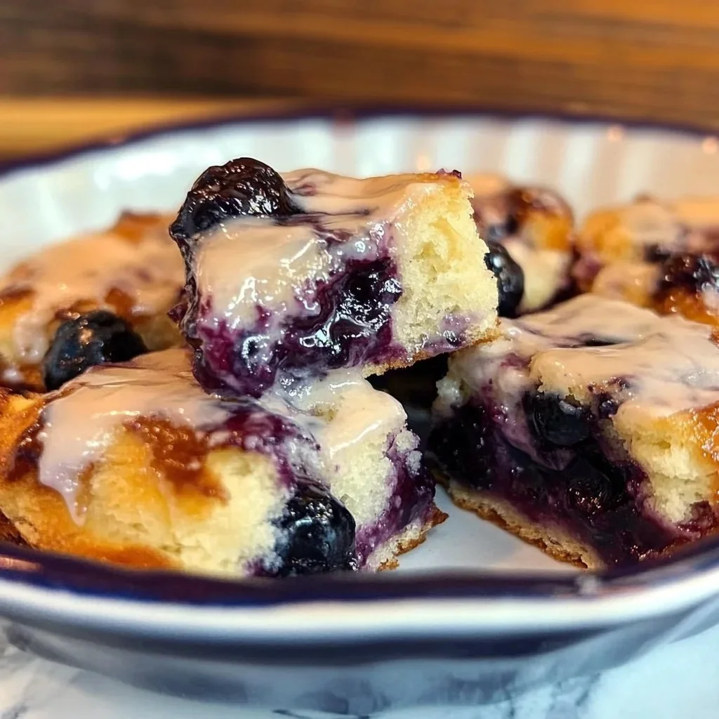 Glazed blueberry butter swim biscuits served on a plate, showcasing the recipe's sweetness.