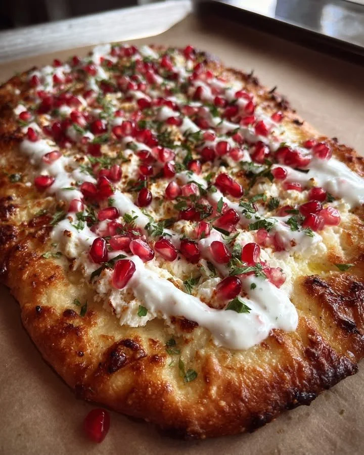 Goat cheese and pomegranate flatbread topped with mint yogurt drizzle