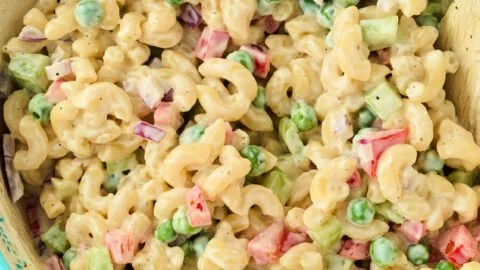 Delicious bowl of Grandma's Macaroni Salad with fresh vegetables