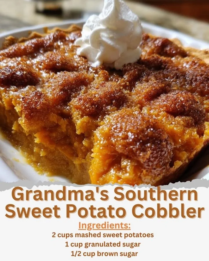 Delicious Grandma's Southern Sweet Potato Cobbler served warm in a dish.
