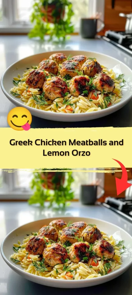 Plated Greek chicken meatballs served with lemon orzo for a delicious meal.