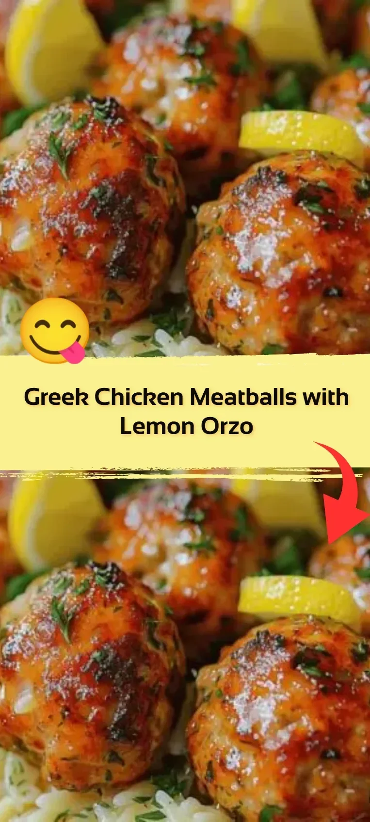 Greek chicken meatballs served with lemon orzo on a plate.