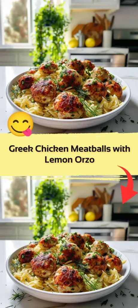Greek chicken meatballs with lemon orzo served on a plate