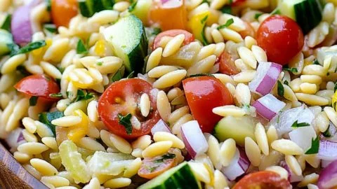 Colorful Greek Orzo Pasta Salad with fresh vegetables and feta cheese