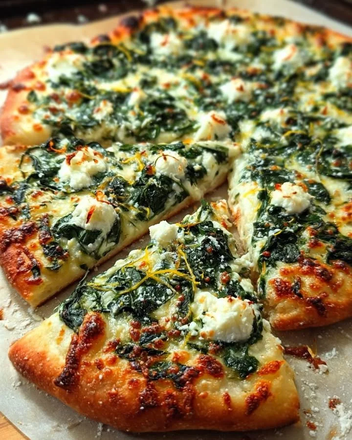 Greek roasted garlic spinach white pizza topped with fresh ingredients