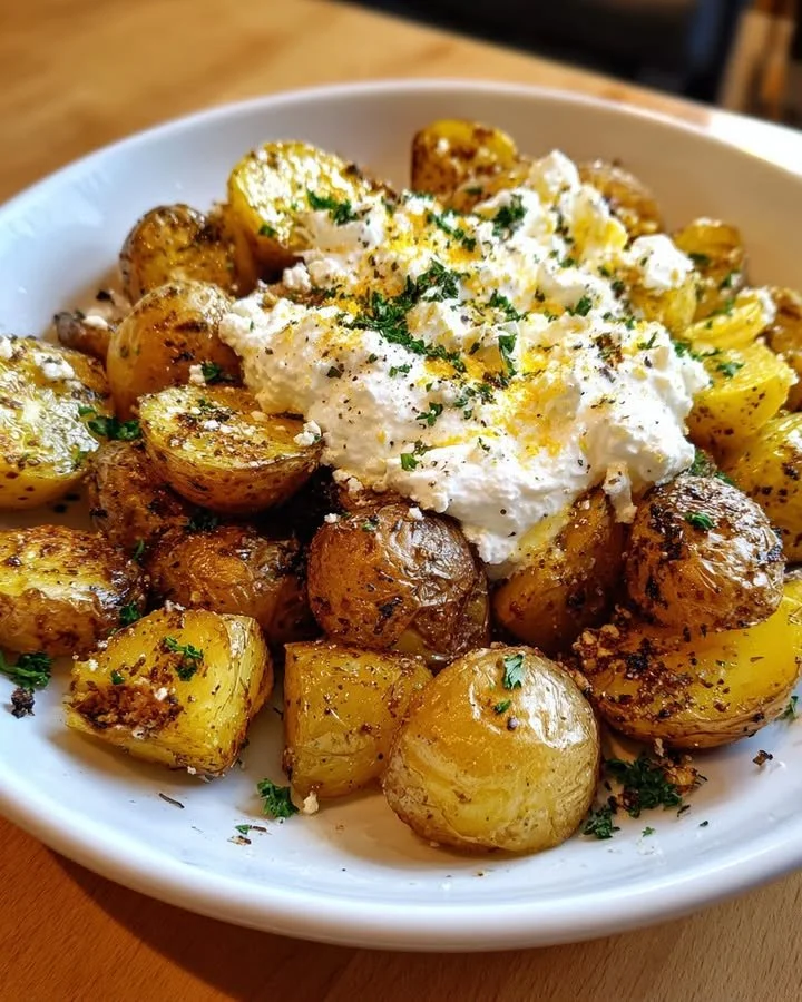 Delicious Greek roasted potatoes served with creamy whipped feta.