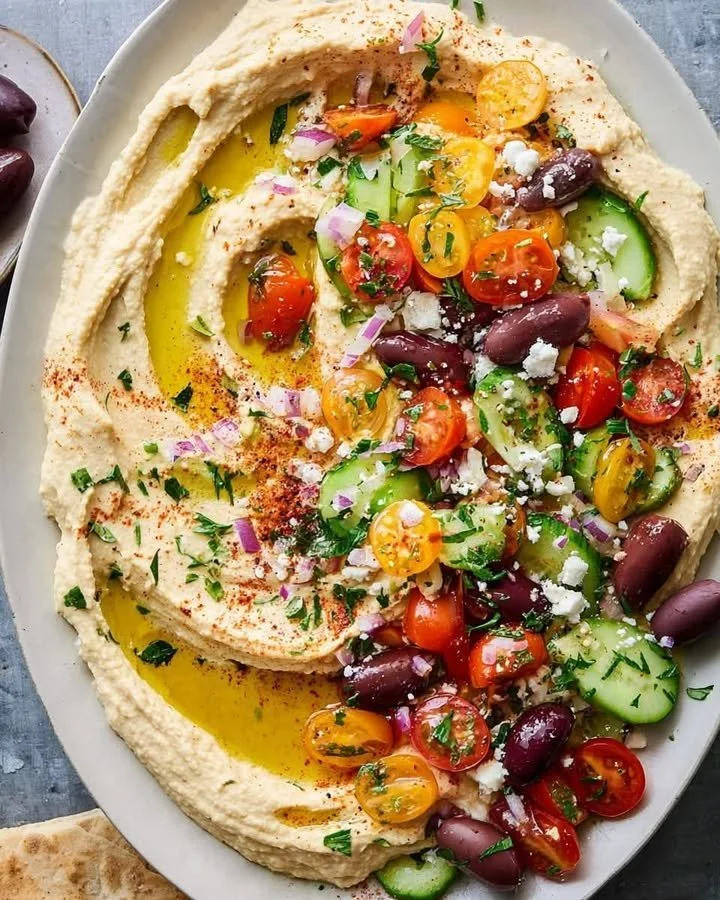 Delicious Greek Style Loaded Hummus topped with olives and feta cheese.