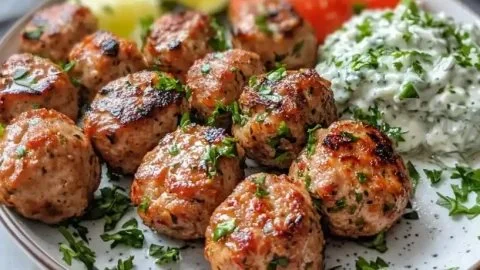 Greek turkey meatballs served with tzatziki sauce on a plate