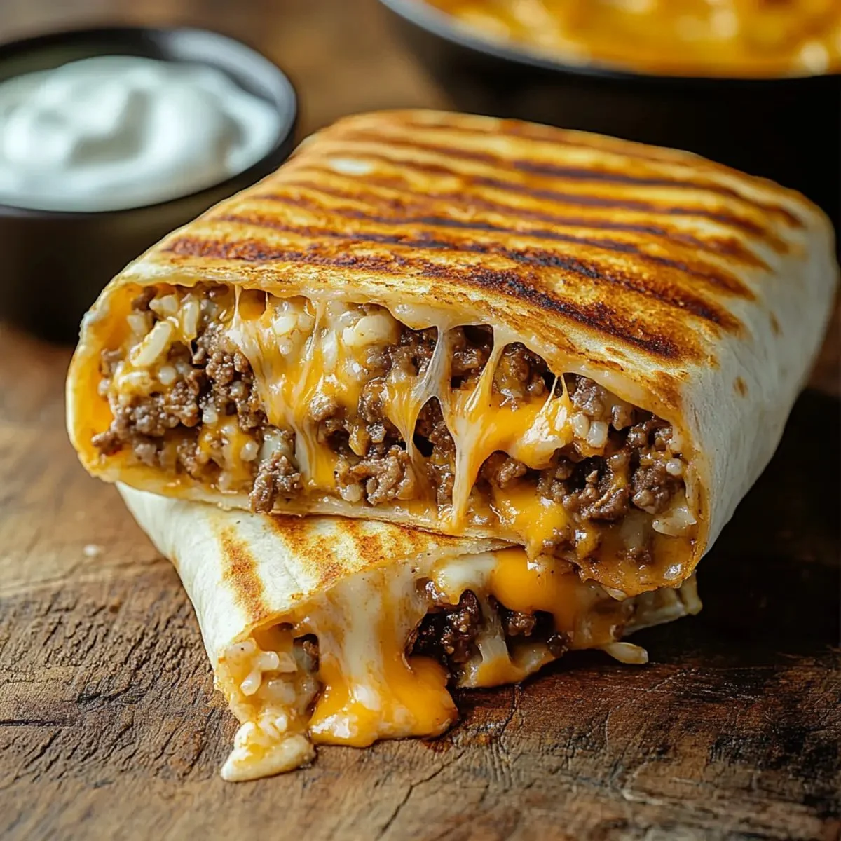 Delicious grilled cheese burrito with melted cheese and flavorful filling