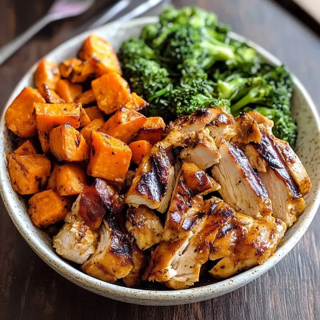 Grilled chicken and sweet potato bowl topped with fresh vegetables.