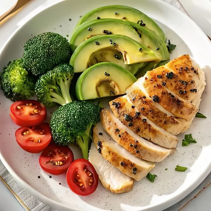 Grilled chicken served with avocado and colorful vegetables on a plate