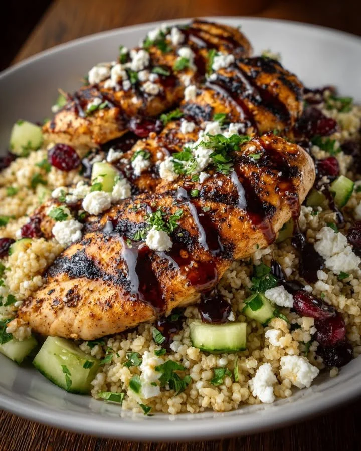 Grilled chicken with cranberry balsamic glaze and couscous salad with ricotta salata