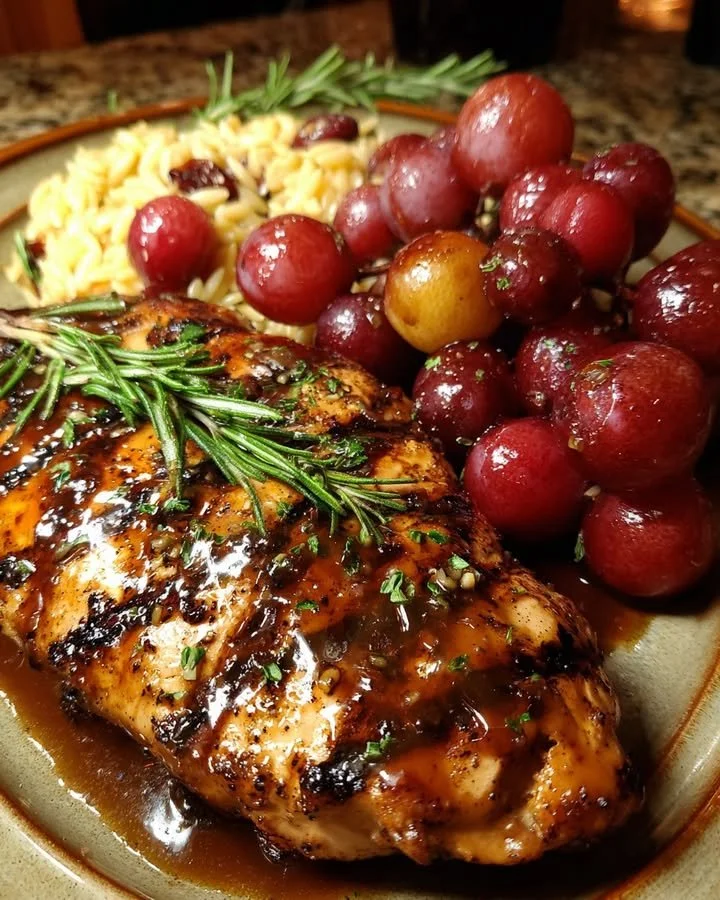 Grilled chicken with grape-mustard glaze on a plate with rosemary orzo