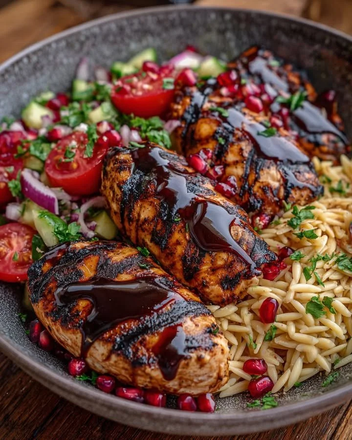 Grilled chicken with pomegranate balsamic glaze and halloumi orzo salad on a plate.