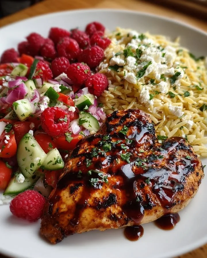 Grilled chicken with raspberry balsamic glaze and feta cheese orzo salad on a plate