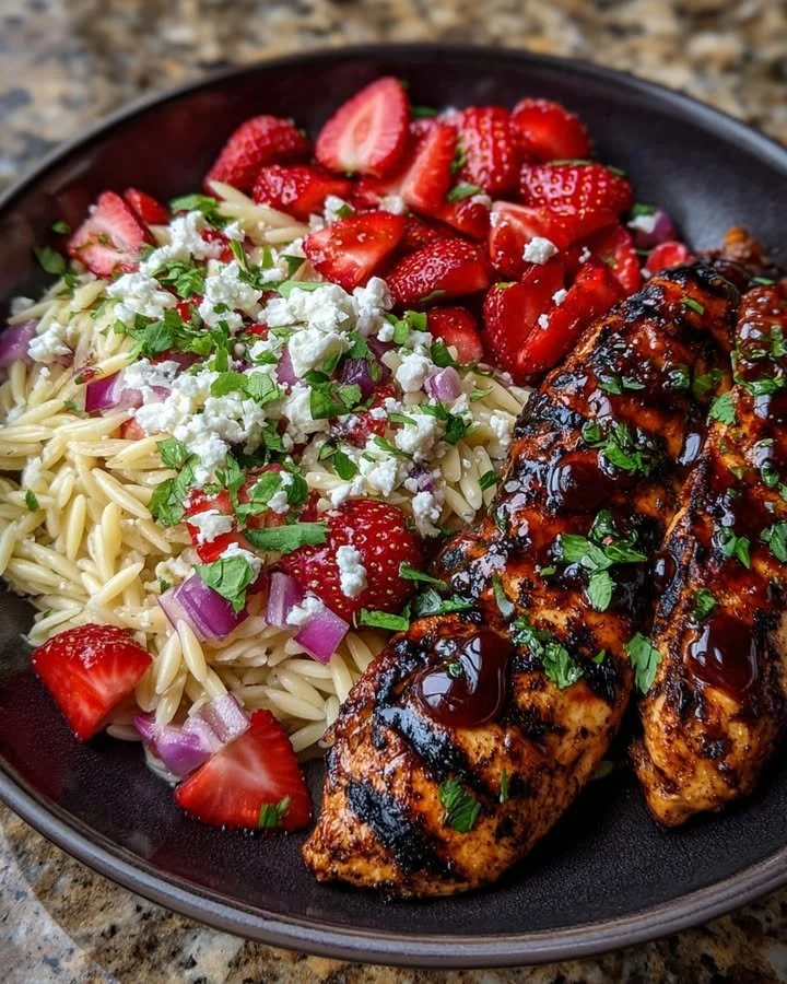 Grilled chicken with strawberry balsamic glaze served with cotija cheese orzo salad