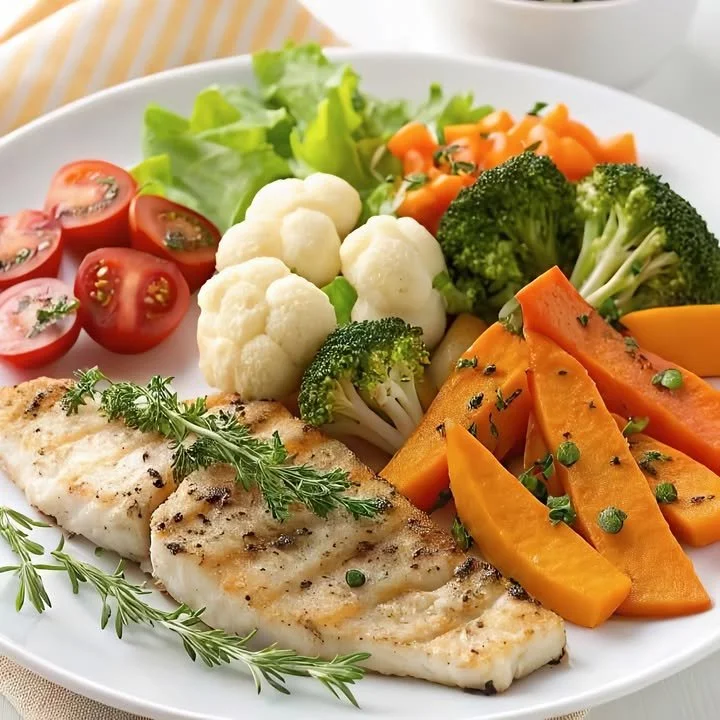 Plate of grilled fish accompanied by colorful steamed vegetables