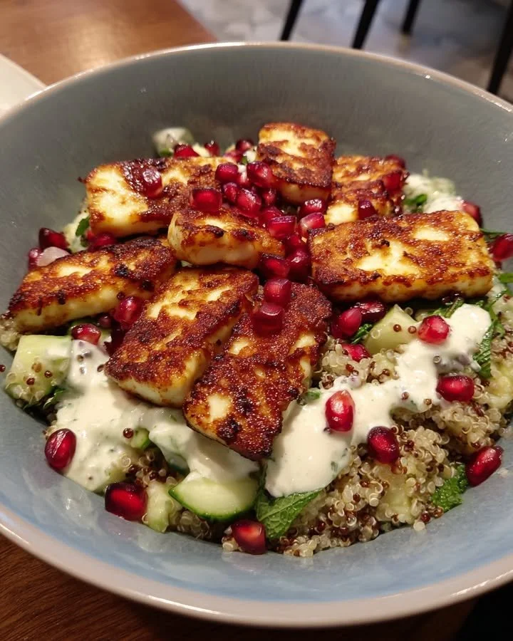 Grilled Halloumi Salad with quinoa, pomegranate, cucumber, and mint yogurt dressing