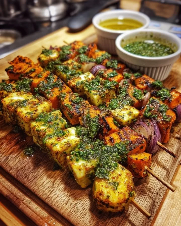 Grilled halloumi and sweet potato skewers with lemon-mint pesto on a plate