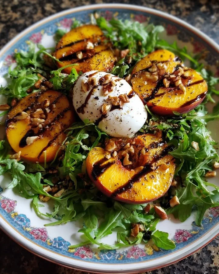 Grilled peach salad with arugula, burrata cheese, and honey-balsamic drizzle