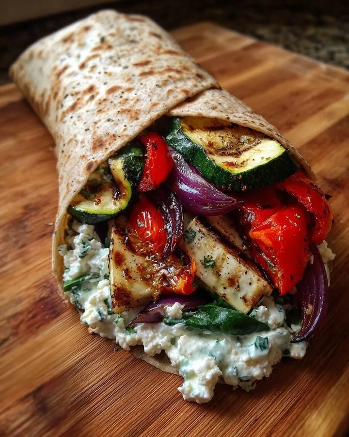 Grilled veggie wrap with feta cheese and herbed yogurt dressing on a plate.
