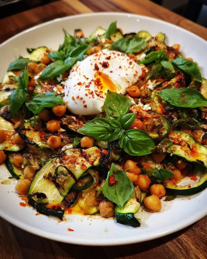 Grilled zucchini chickpea salad with burrata and chili oil served on a plate