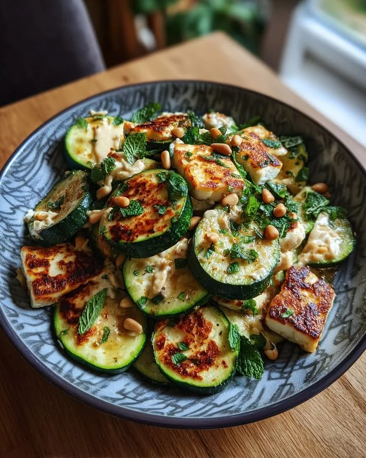 Grilled zucchini salad topped with halloumi, drizzled with tahini and fresh mint.