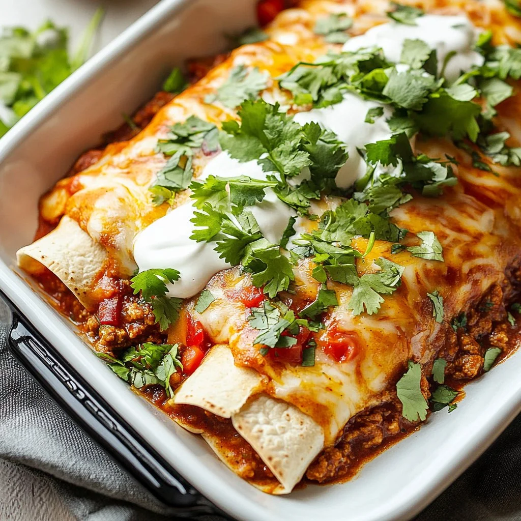 Delicious ground beef enchiladas topped with cheese and sauce on a plate.