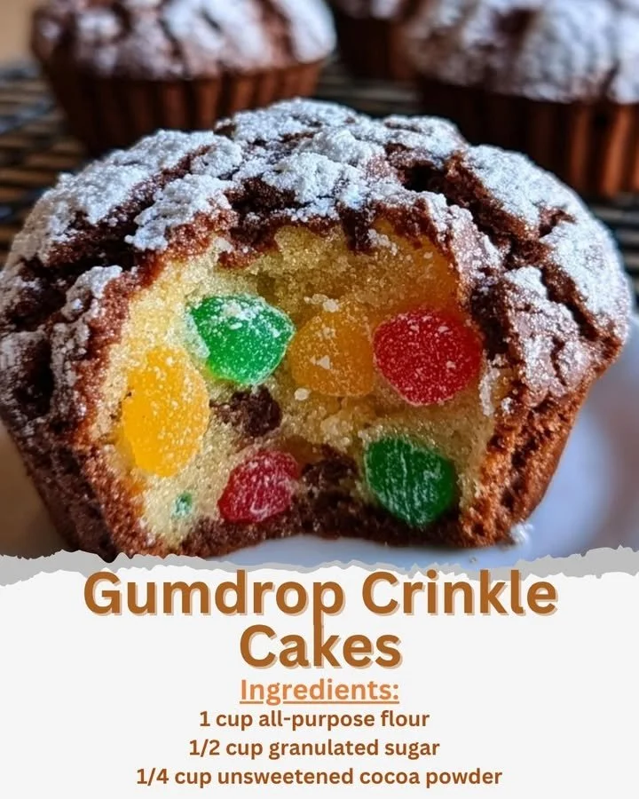 Gumdrops Crinkle Cakes with colorful gumdrops on top, showcasing crinkly texture.