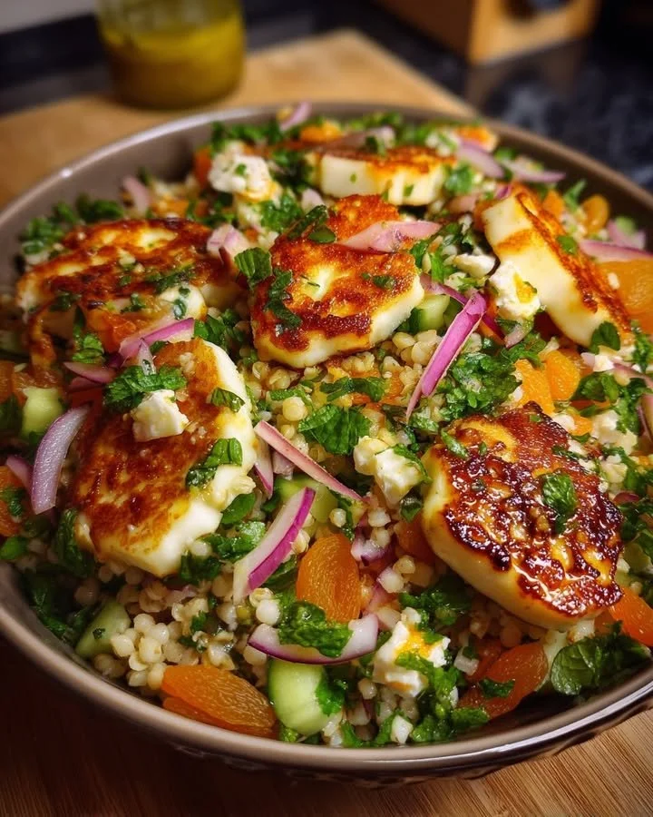 Halloumi and bulgur salad with dried apricots and mint in citrus dressing