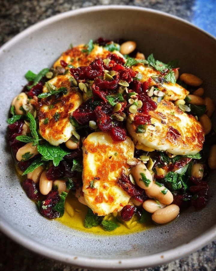 Halloumi salad with cranberry butter beans and mint-lemon dressing