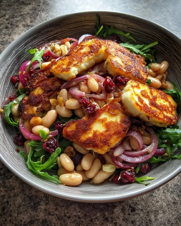 Halloumi and cranberry cannellini beans salad with citrus vinaigrette