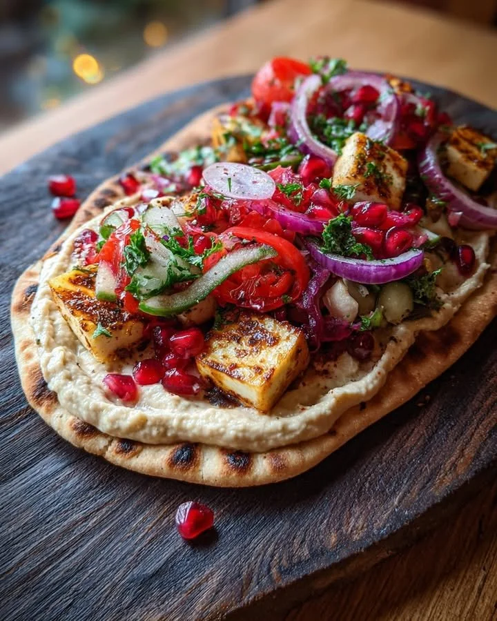 Halloumi flatbread topped with hummus, pickled vegetables, and pomegranate seeds.
