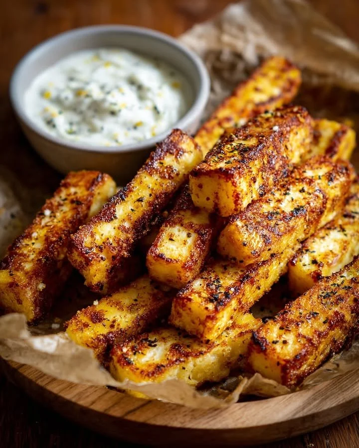 Crispy halloumi fries served with garlic yogurt dip on a plate