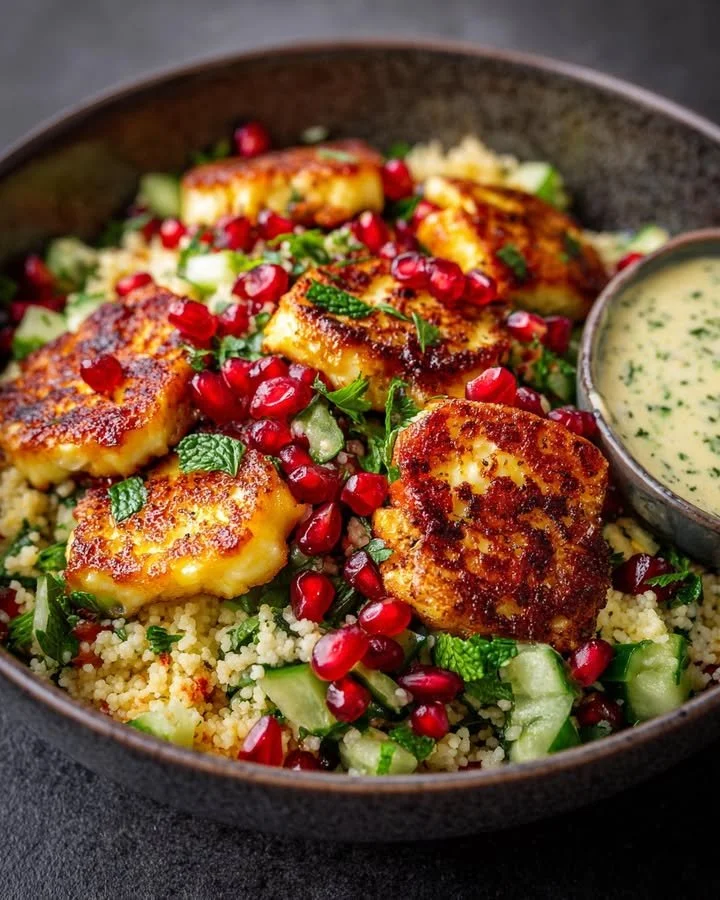 Halloumi and pomegranate couscous salad with mint yogurt dressing served in a bowl