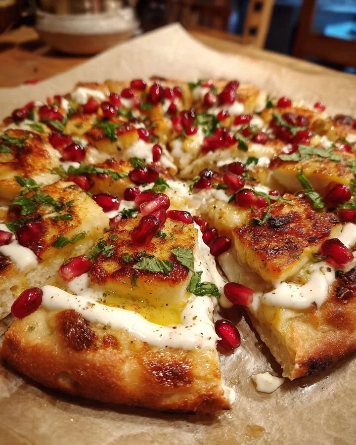 Halloumi Flatbread with pomegranate seeds and mint yogurt drizzle